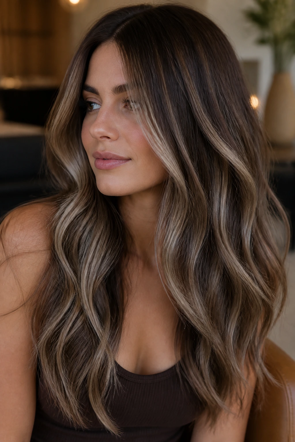Portrait of brunette with dimensional cocoa base and pearl pieces