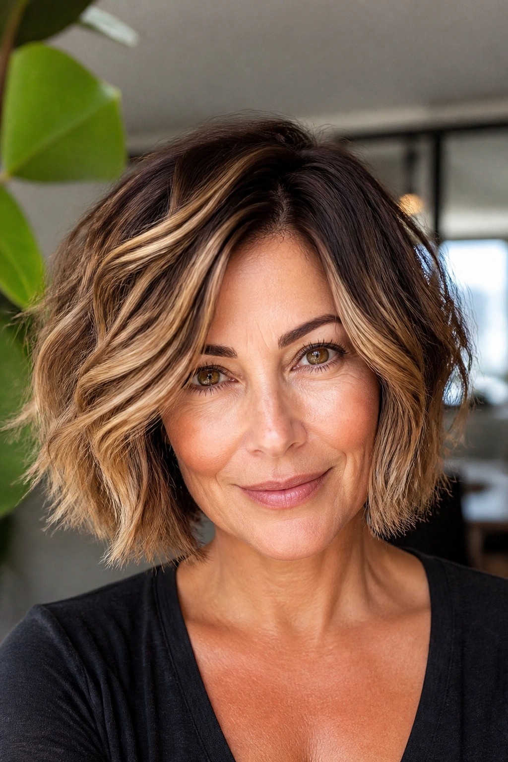 Close-up portrait of a real woman with dimensional color in a stacked bob