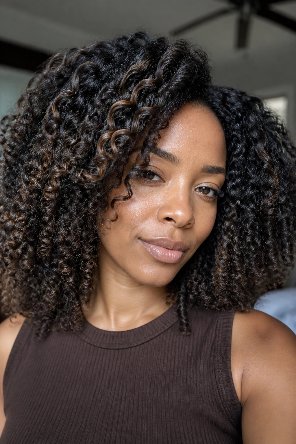 Close-up of coiled brunette hair with dimensional cool melt