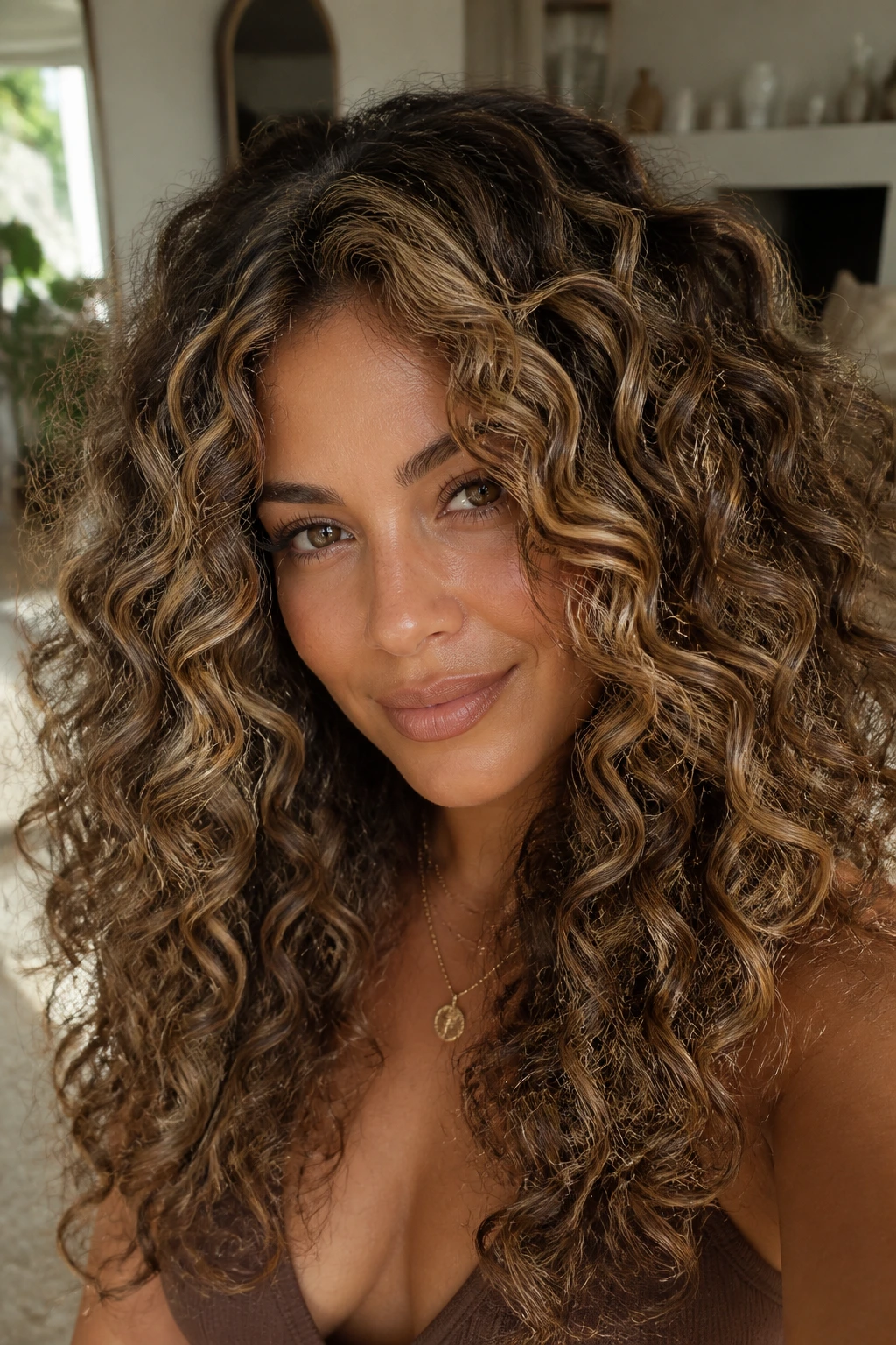Real woman with dimensional curly bronde on curly hair and tan skin.