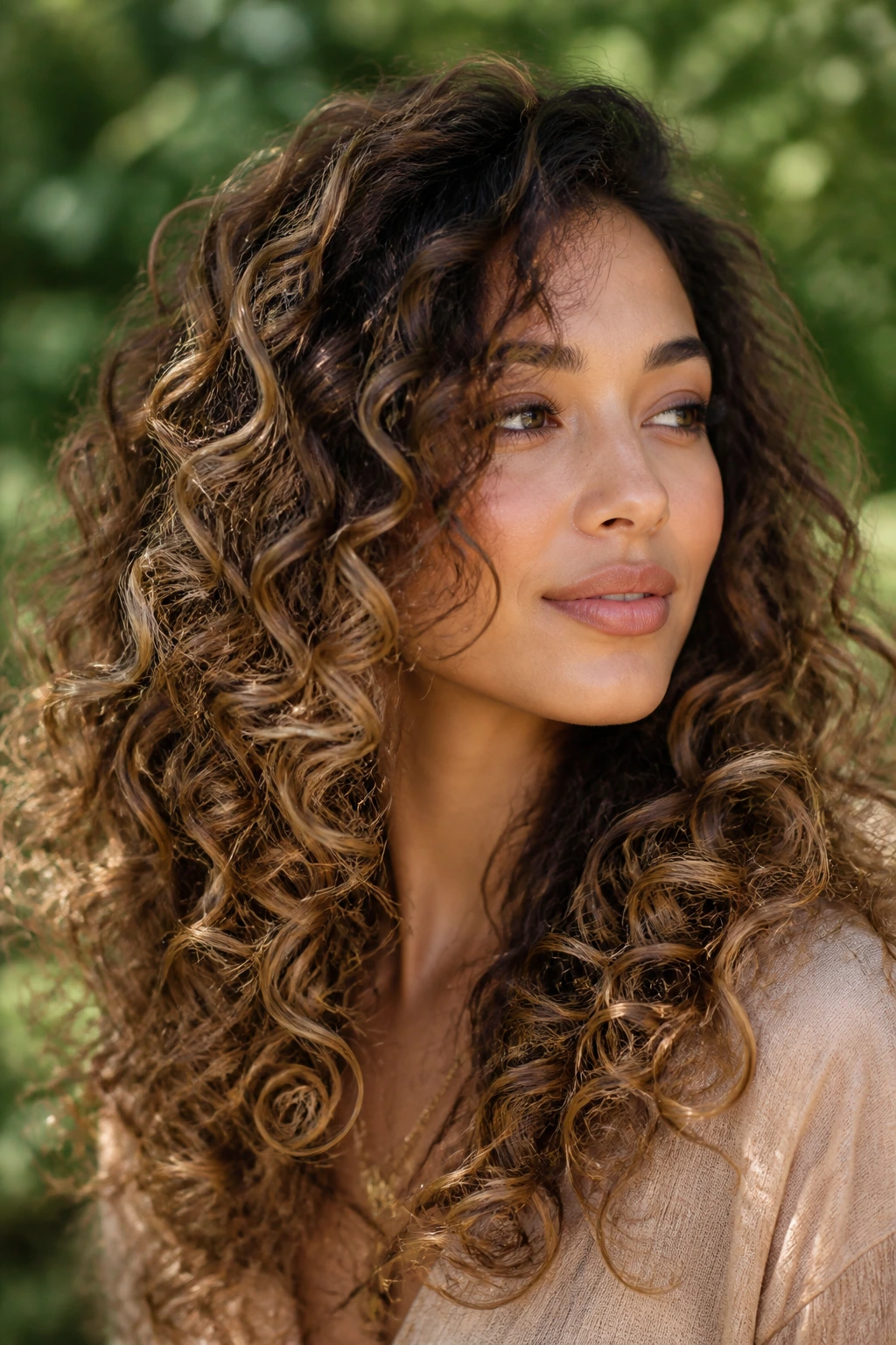 Close-up of a real woman with dimensional curly caramel bronde on long hair