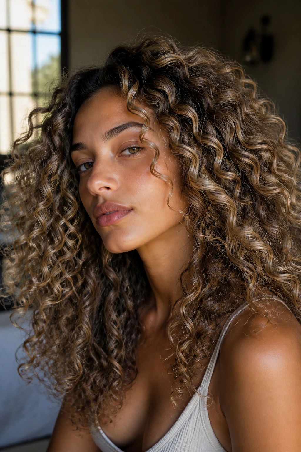 Real person with dimensional curly hair and ash blonde ribbons in natural light