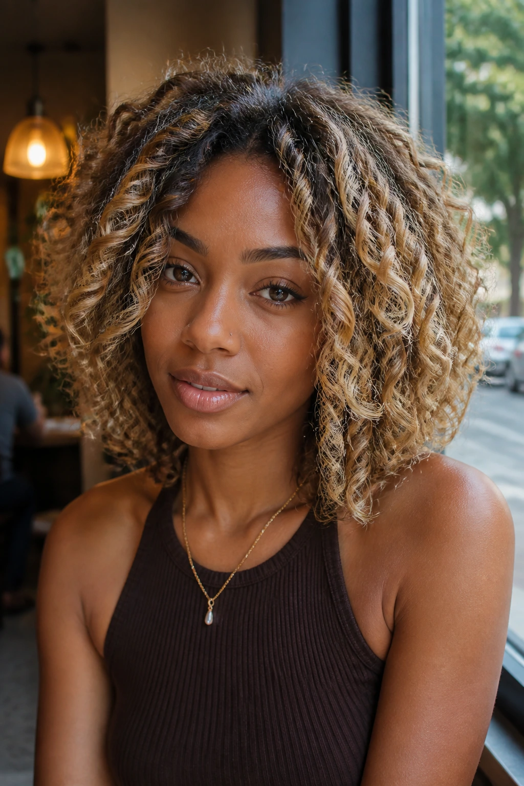 Close-up of a real woman with dimensional curly lob in honey beige tones.