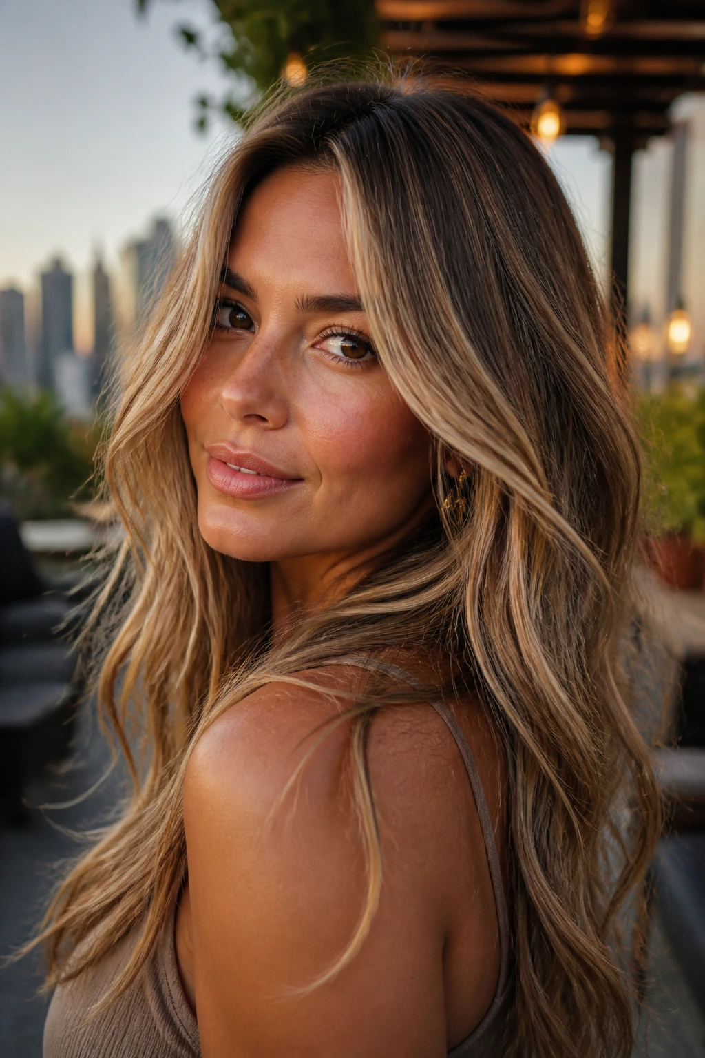 Close-up portrait of a woman with dimensional dark blonde babylights.