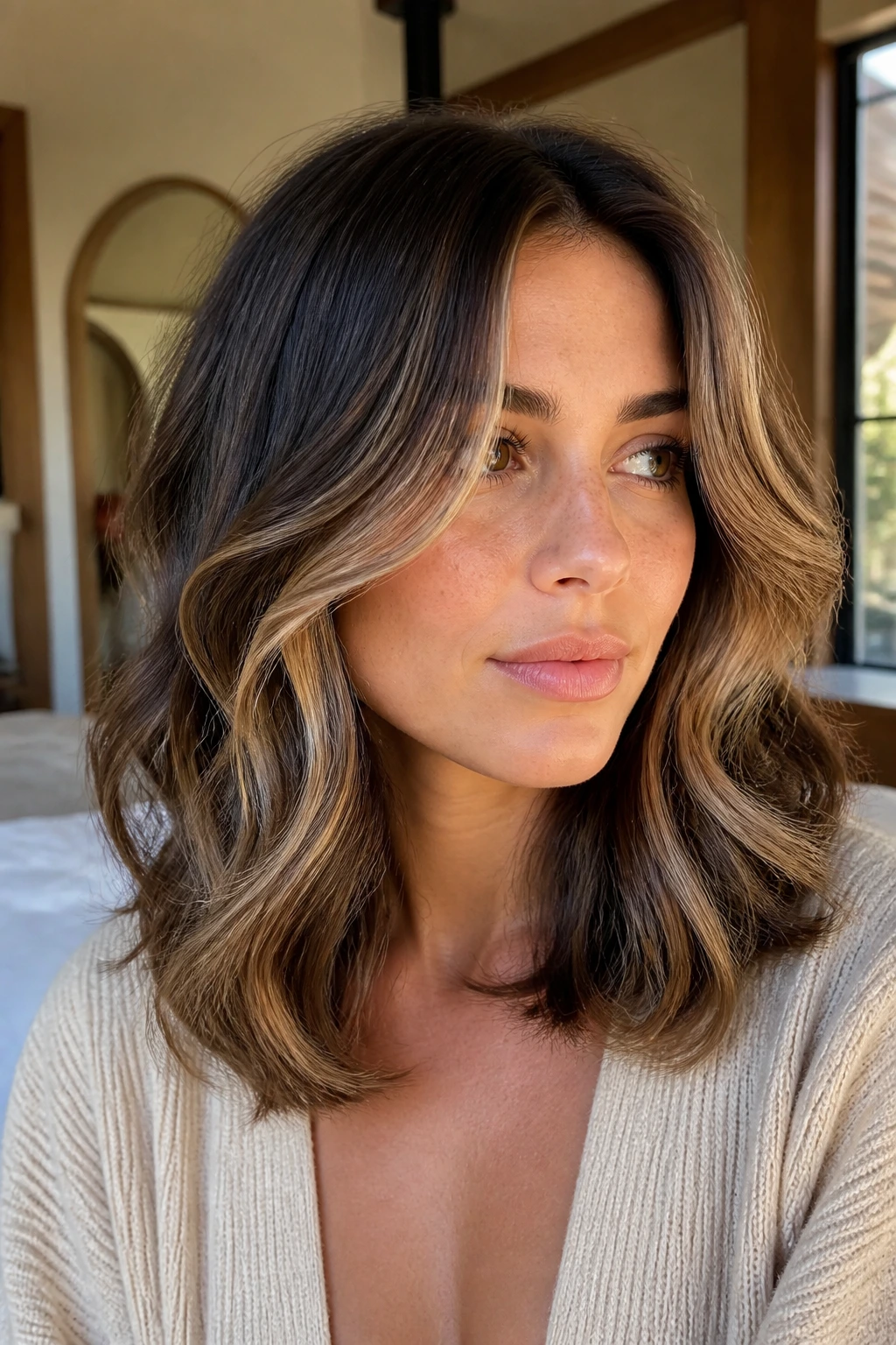 Close-up of a real woman with dimensional face-framing layers and soft highlights around cheeks and ends.
