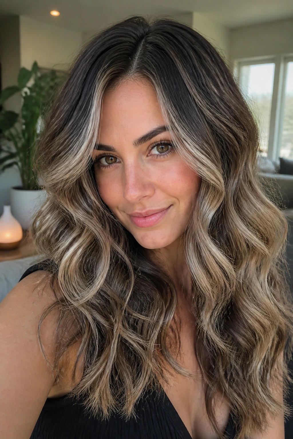 Portrait of a woman with dimensional foilayage on loose curls