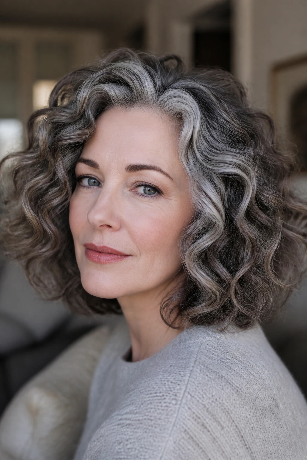 Real woman with dimensional grey balayage curls catching light at temples and crown