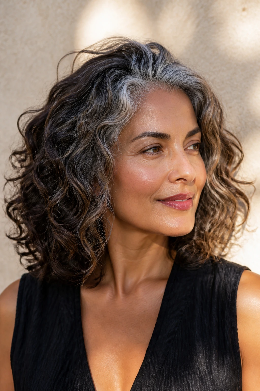 Portrait showing dimensional grey roots on olive skin