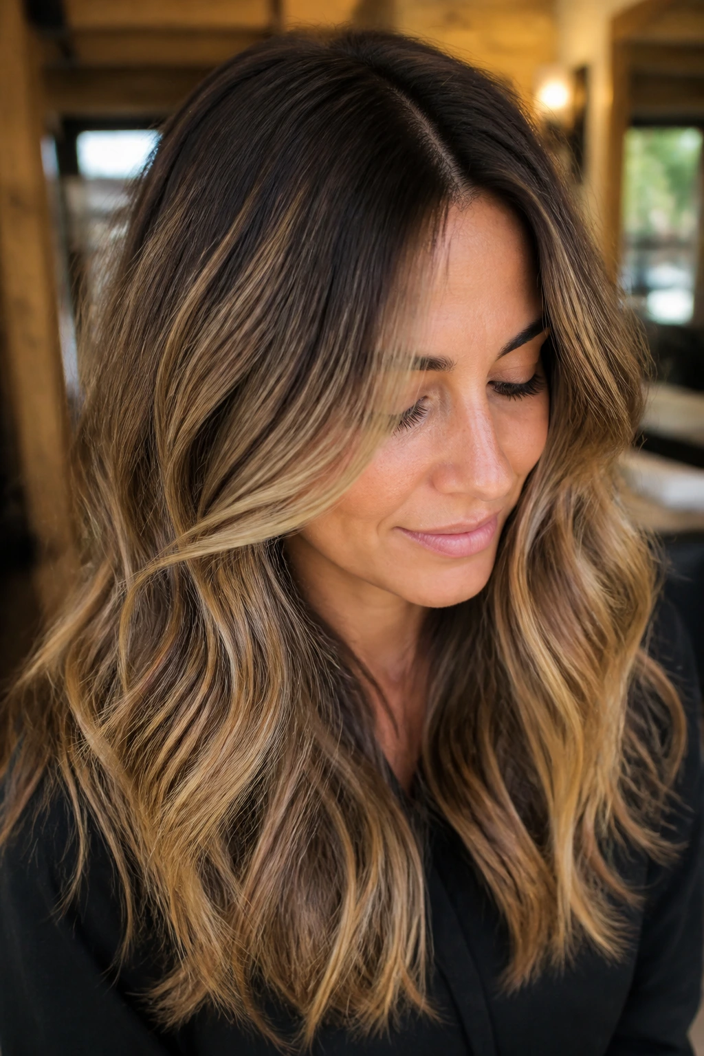 Close-up portrait of a woman with rooty shadow and dimensional brunette blonde hair.