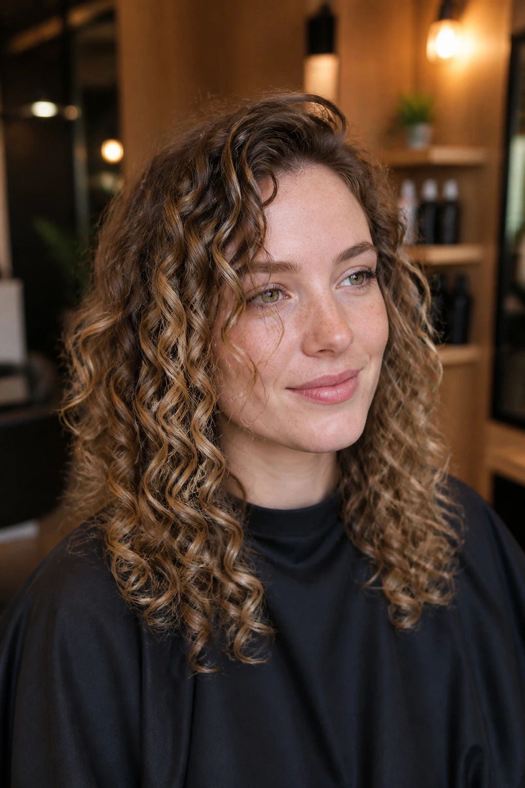 Real client in a salon chair discussing dimensional highlights with curling visible.