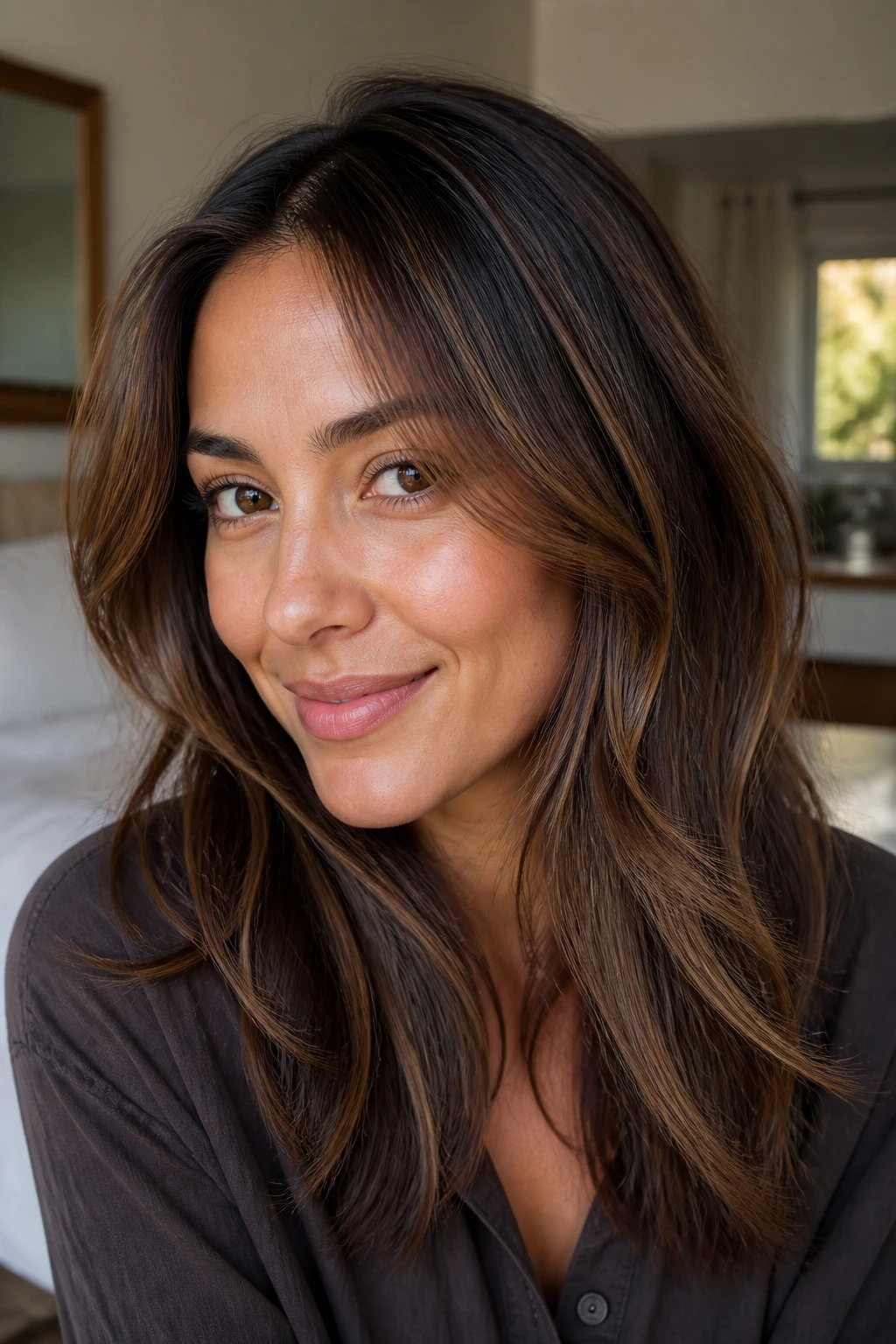 Close-up portrait of a real person with medium skin and fine hair displaying subtle dimensional brown highlights.