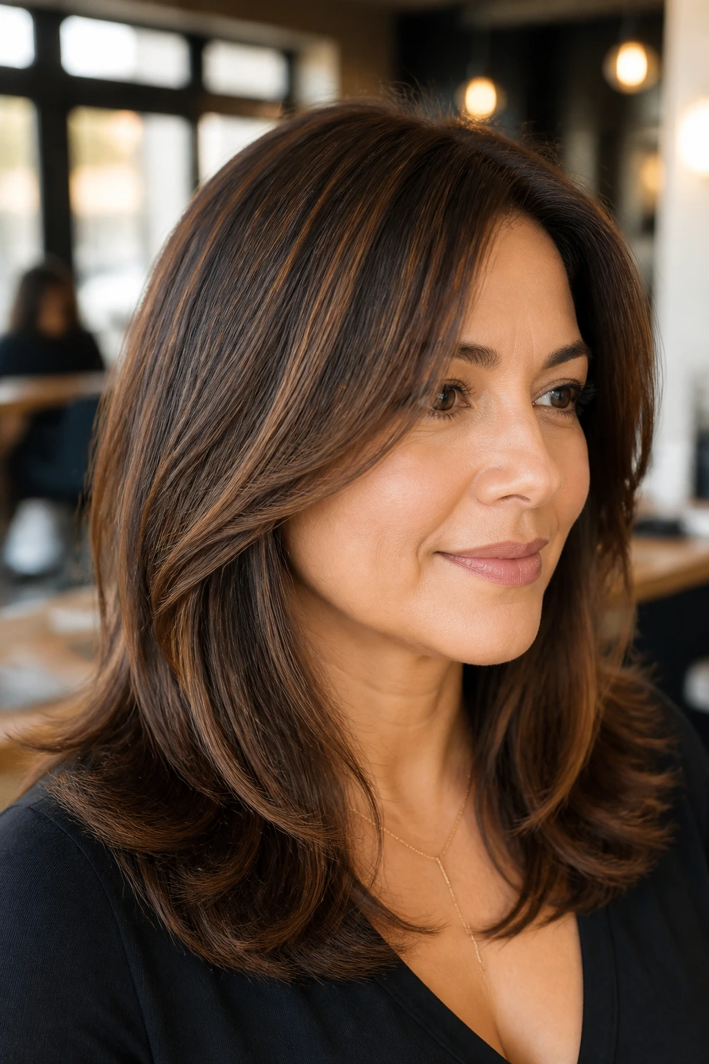 Close-up of a real woman with dimensional brown highlights creating a fuller look.
