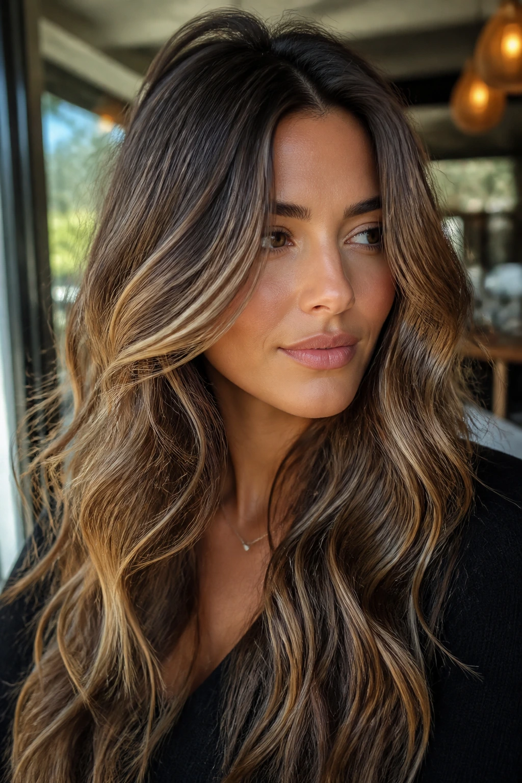 Woman with dimensional highlights and loose waves in natural light