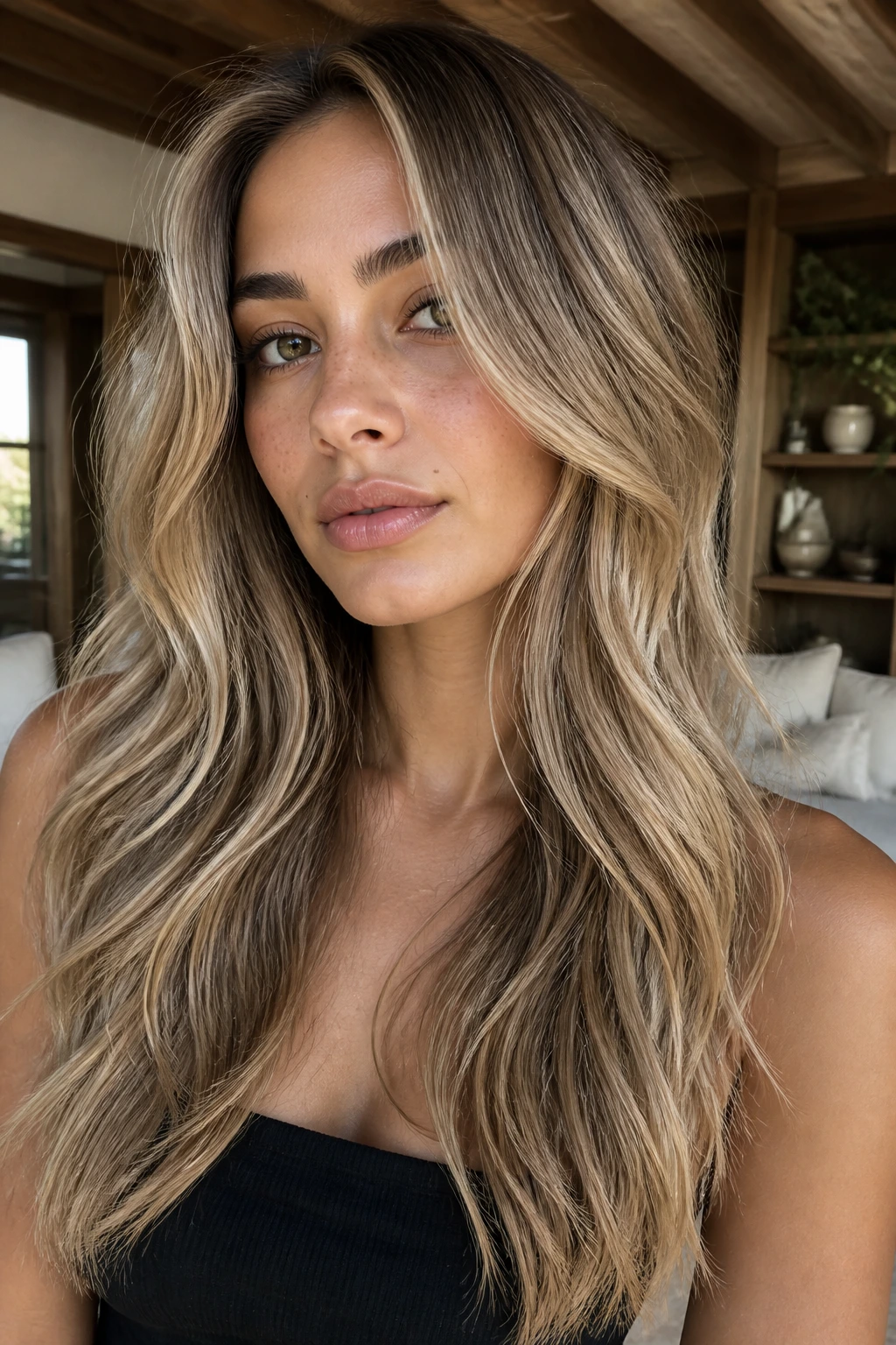 Close-up portrait of a real woman with dimensional ice-tea blonde hair and olive skin.