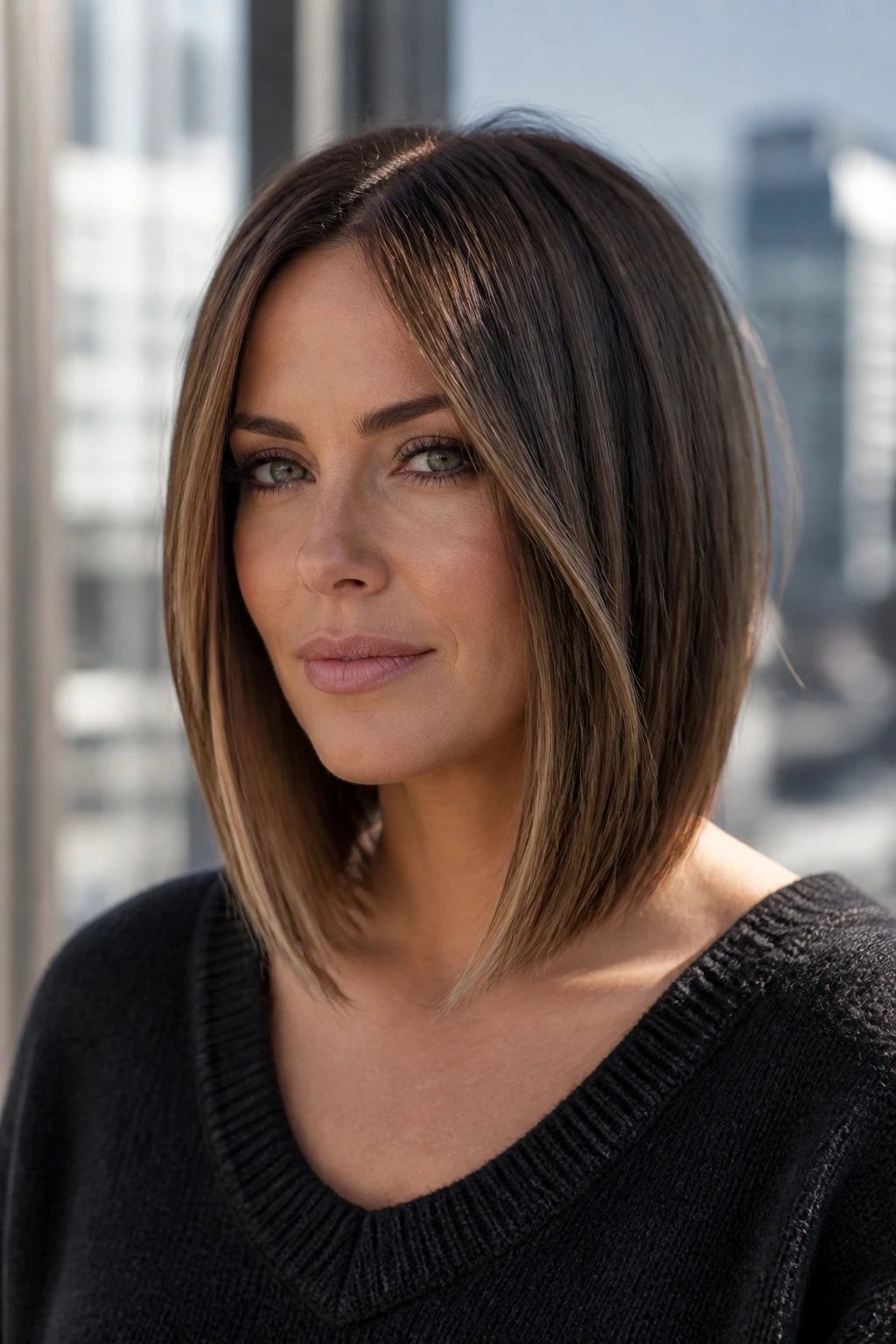 Close-up of a real woman with dimensional lob and lowlights in urban light