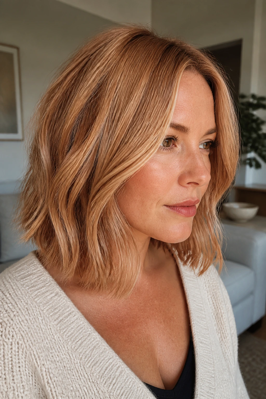 Close-up of a real person with dimensional lob and strawberry lowlights