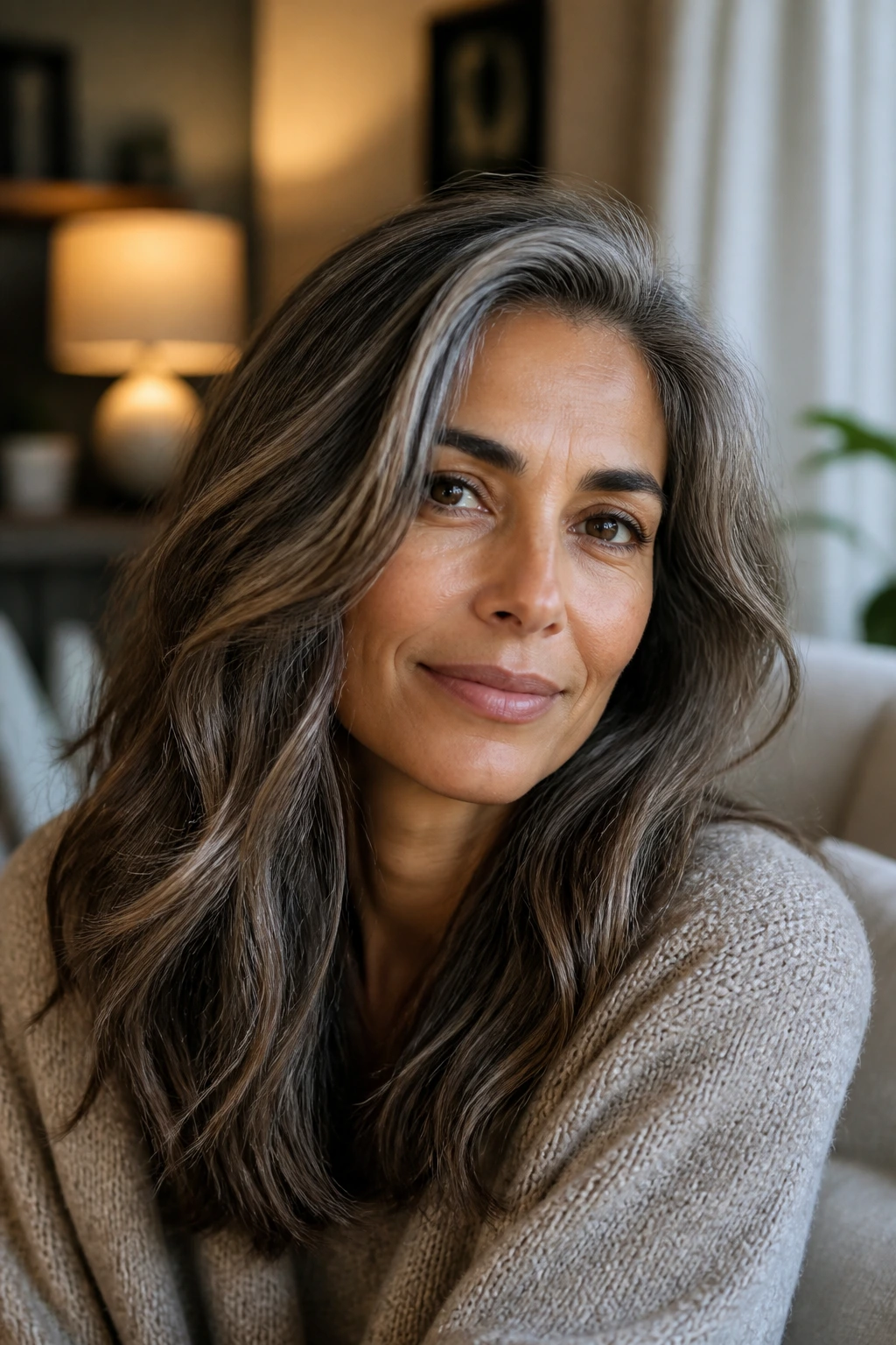 Close-up of a real person with dimensional mocha lowlights on grey hair and olive skin