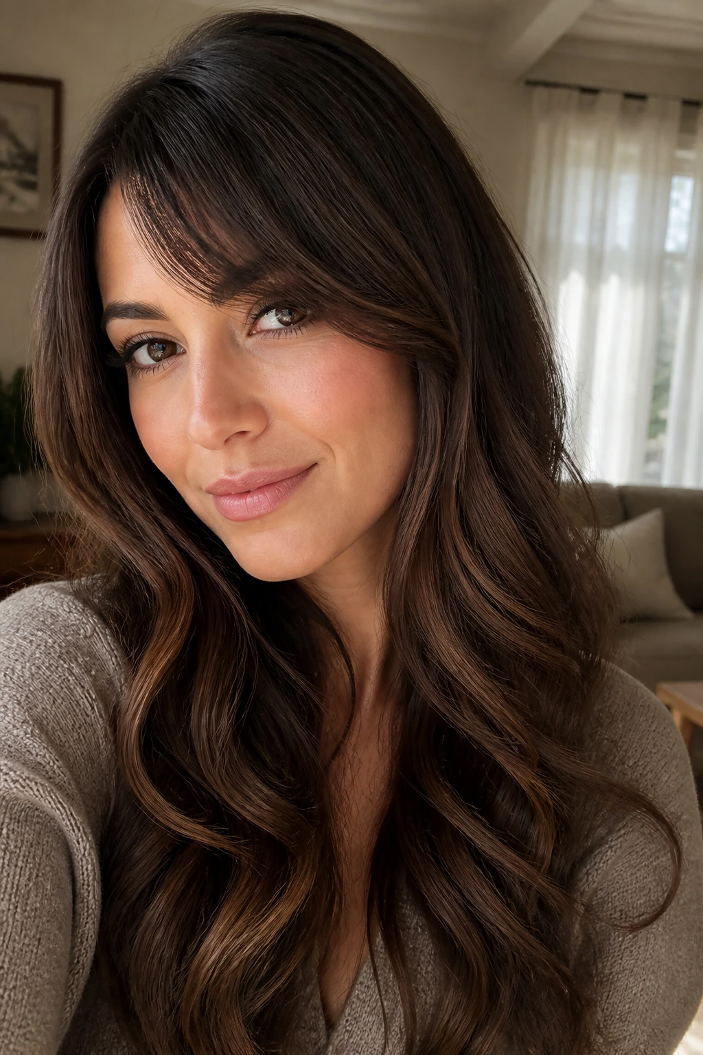 Close-up portrait of a real woman with dimensional mocha melt hair and side-swept bangs