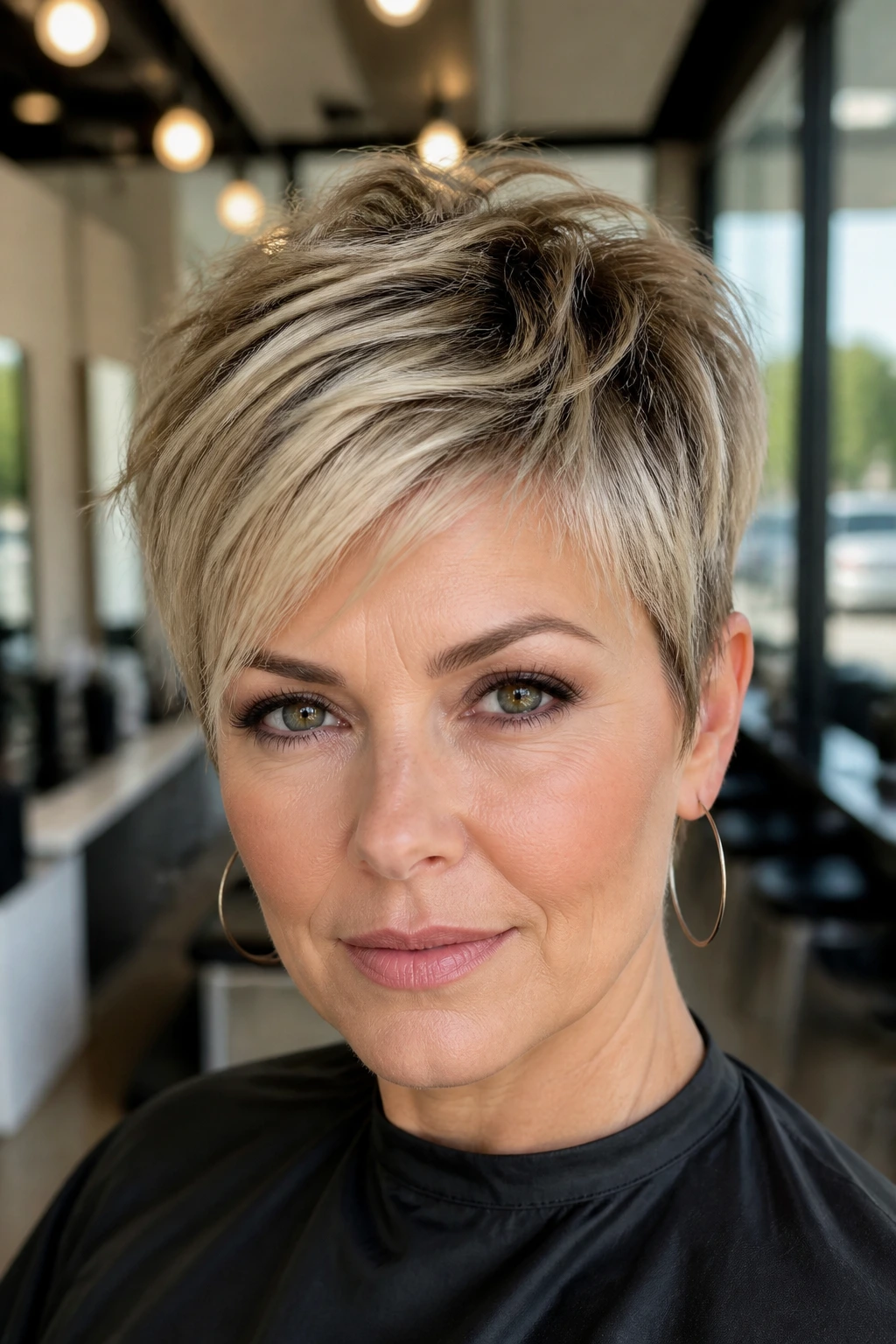 Portrait of a real woman with dimensional blonde pixie and deep root shadow