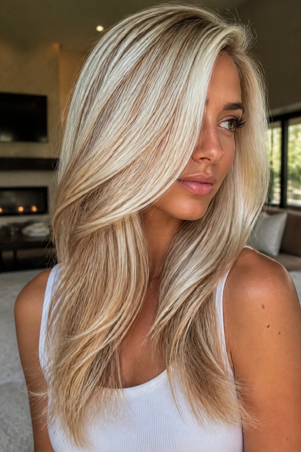 Close-up portrait of a real person with dimensional platinum hair and caramel veils.