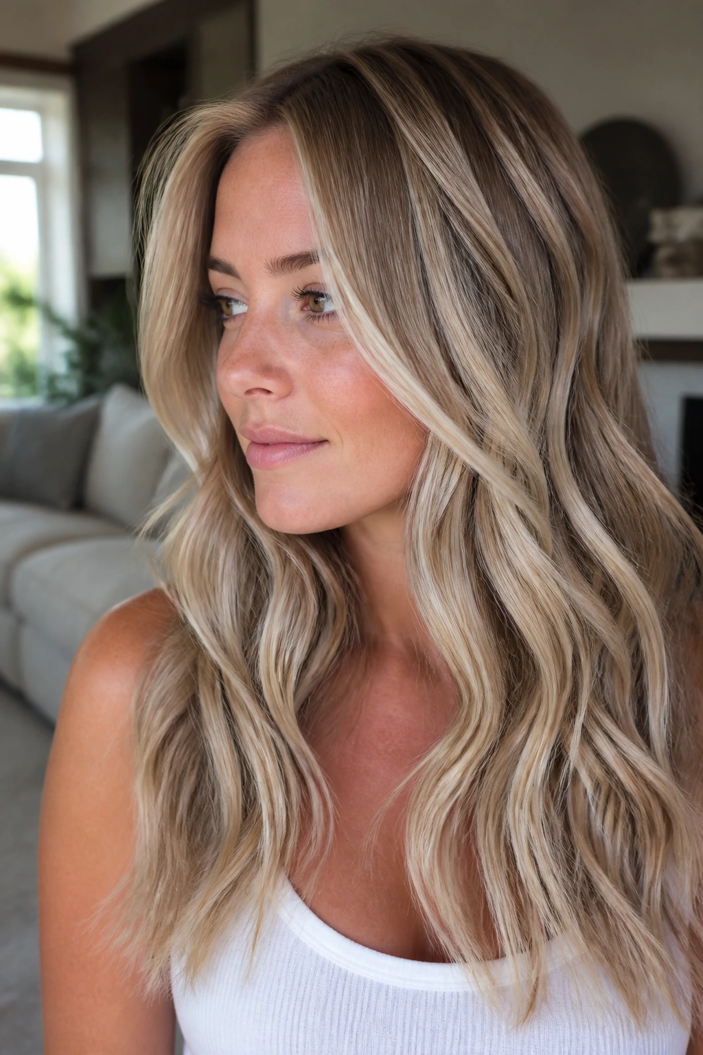 Dimensional platinum highlights on dark blonde hair in a close-up of a real person