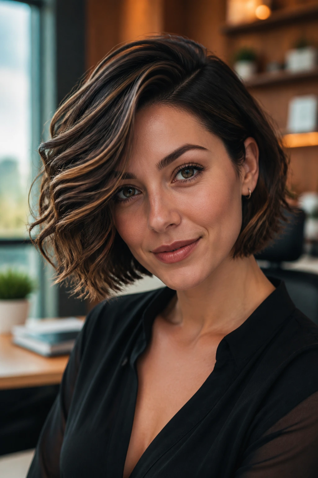 Close-up of a real woman's deep side-part bob with dimensional brunette ribbons around the face