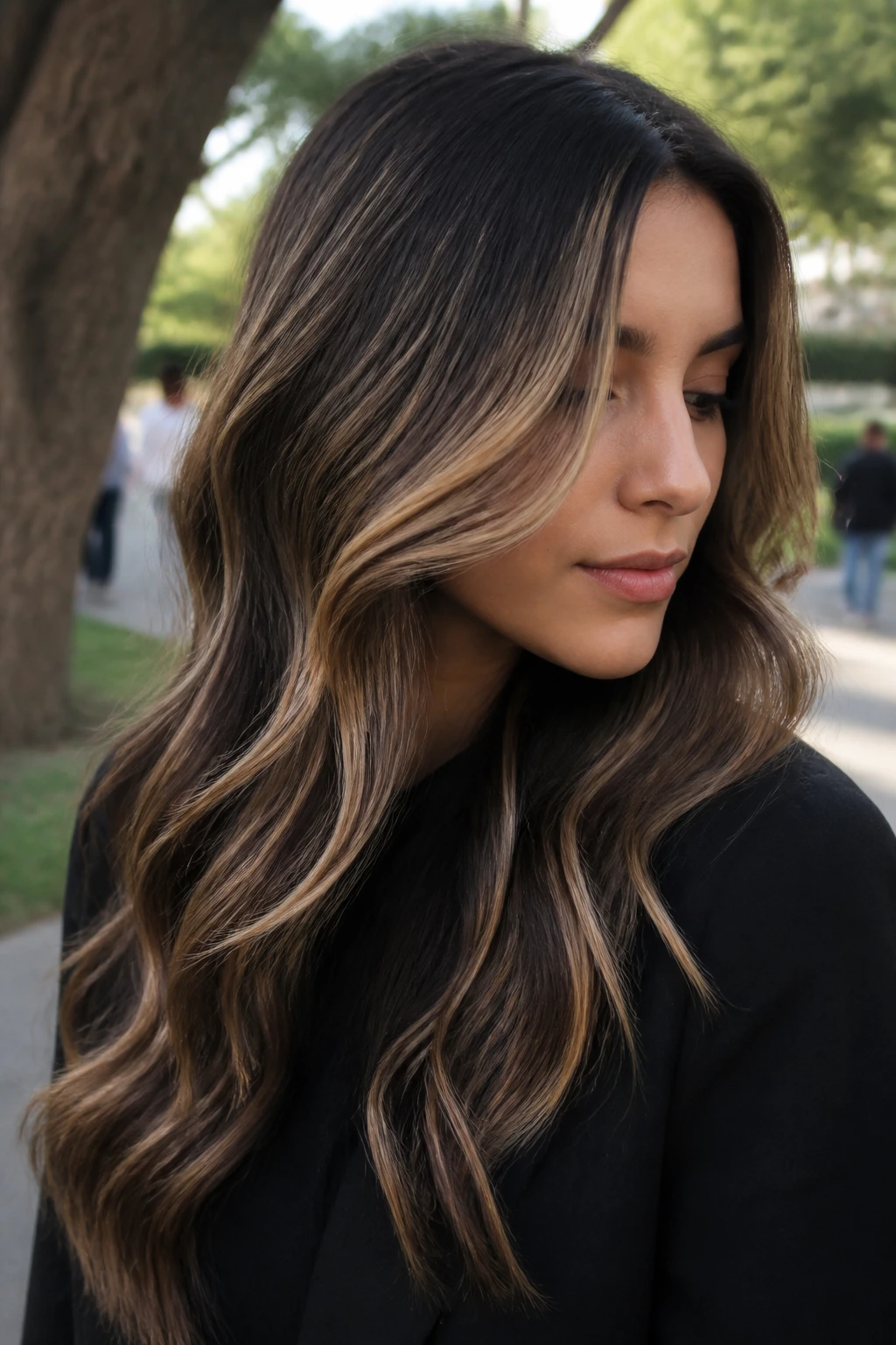 Wavy hair with dimensional ribbon-like light and shadow bands on a real person