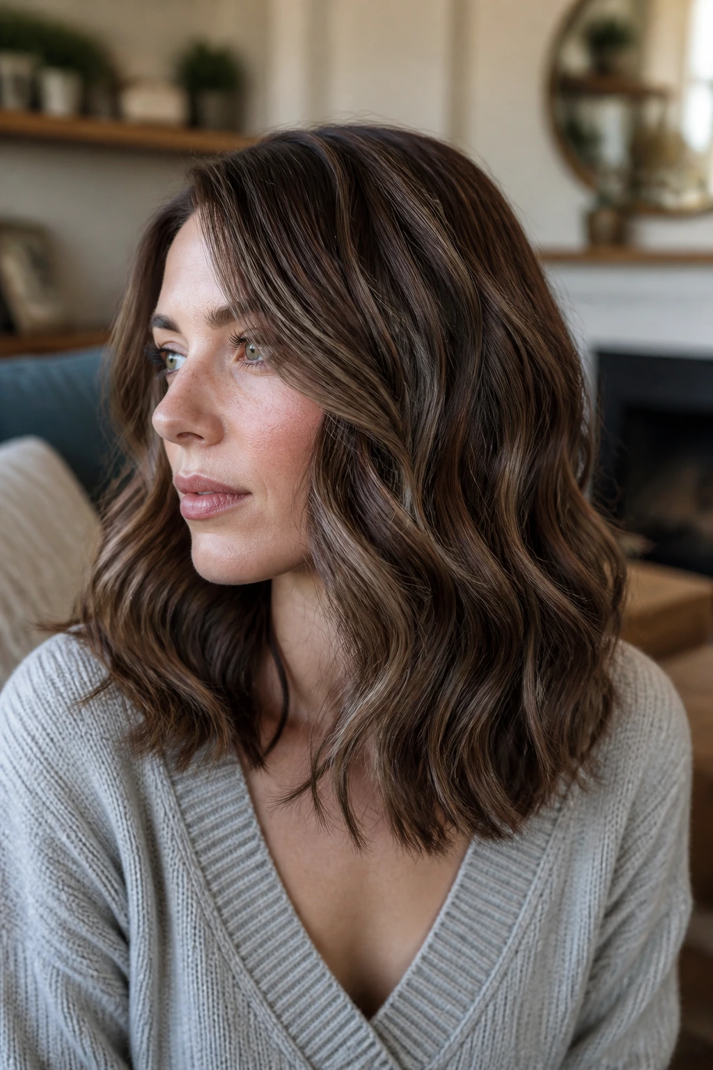 Portrait of a woman with wavy hair showing dimensional sable lowlights