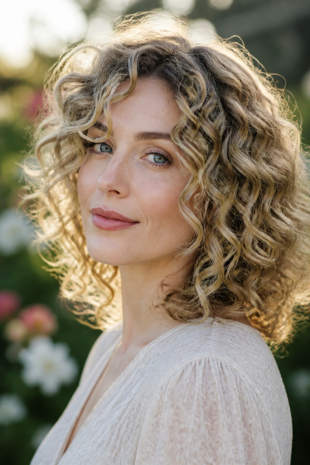 Close-up of dimensional sandy curls on pale skin with beige, gold, and ash tones