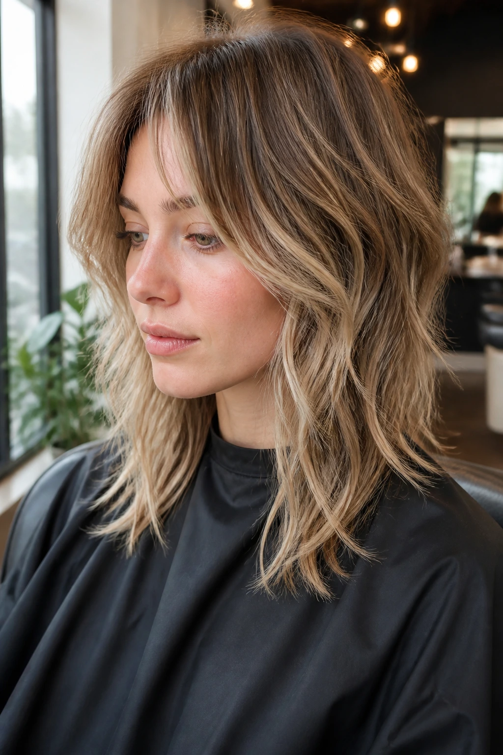 Close-up portrait of a real woman with dimensional dark blonde highlights in a mid-length shag