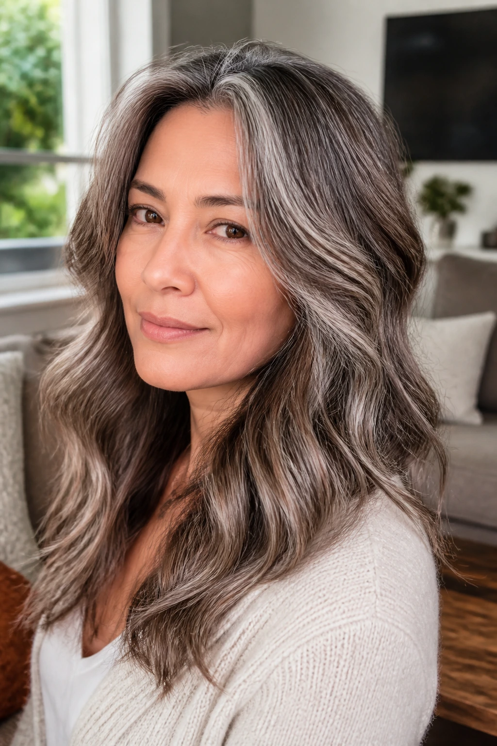 Close-up portrait of a real person with dimensional silver brown hair and silver threads.