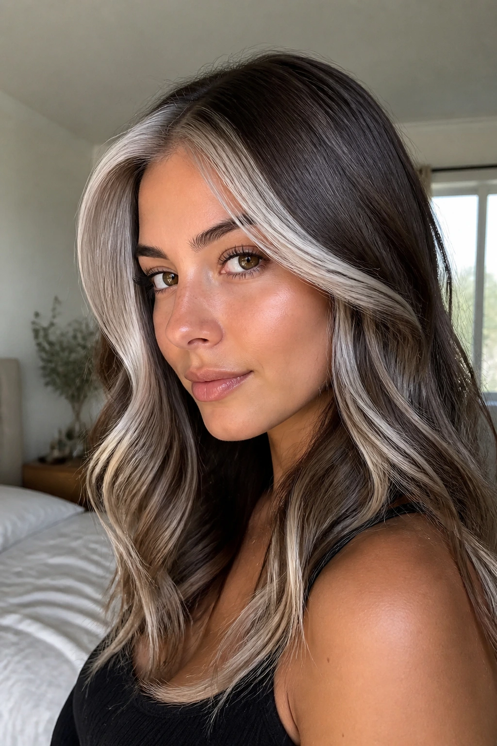 Portrait of brunette with dimensional silver contour framing the face.