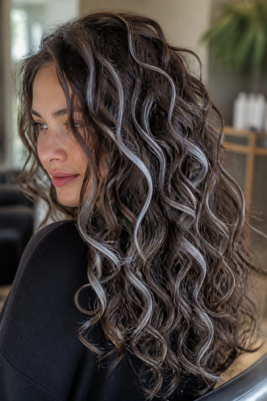 Brunette curls with dimensional silver ribbons woven through