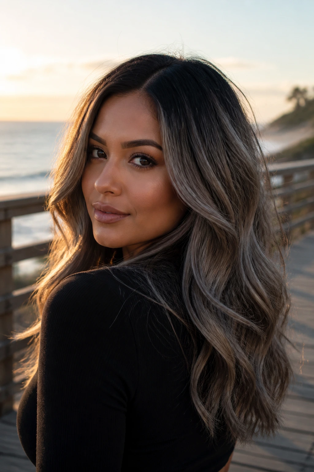 Dimensional smoke balayage with lighter ribbons in waves