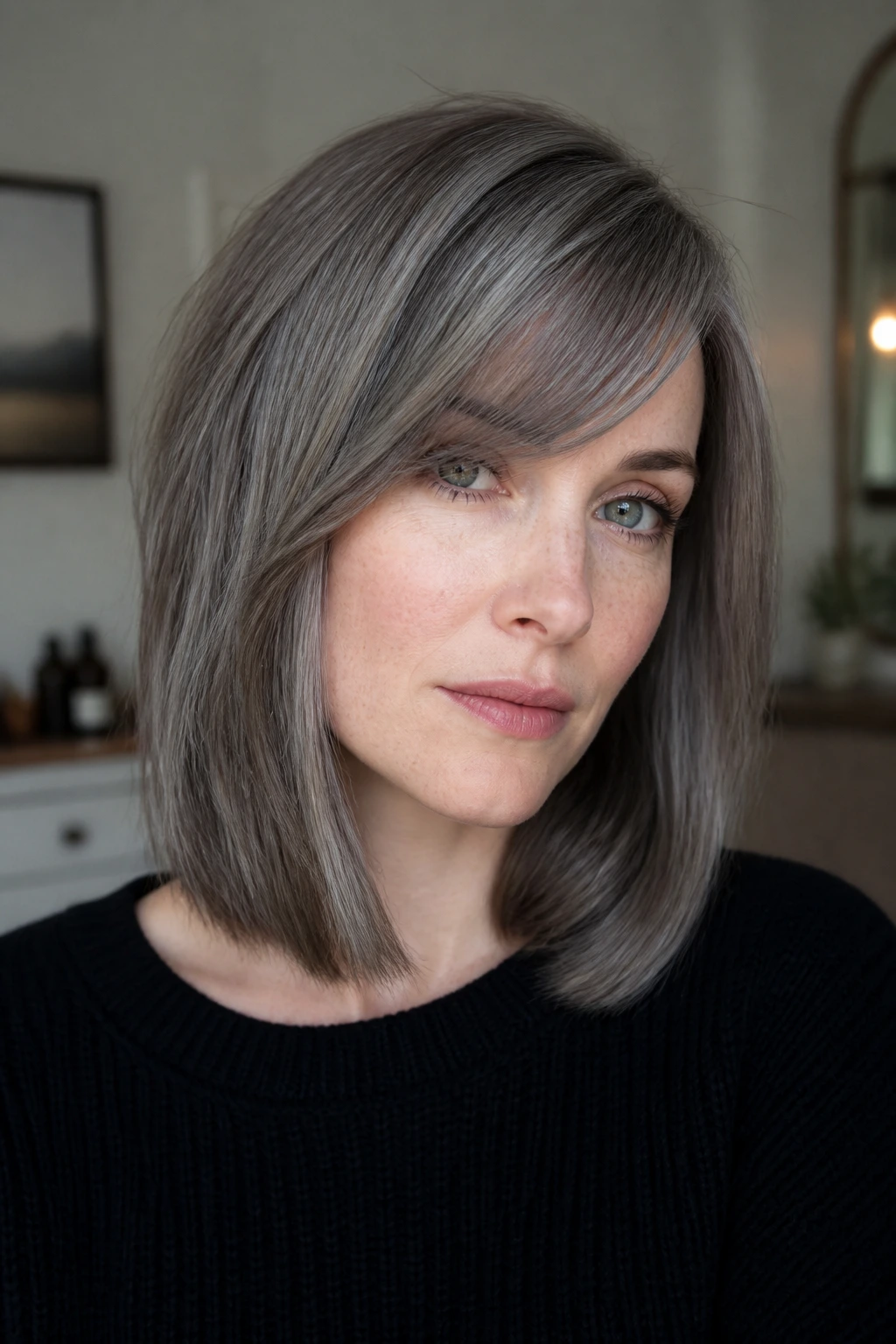 Medium close-up of a real woman with a smoke grey long bob showing dimension