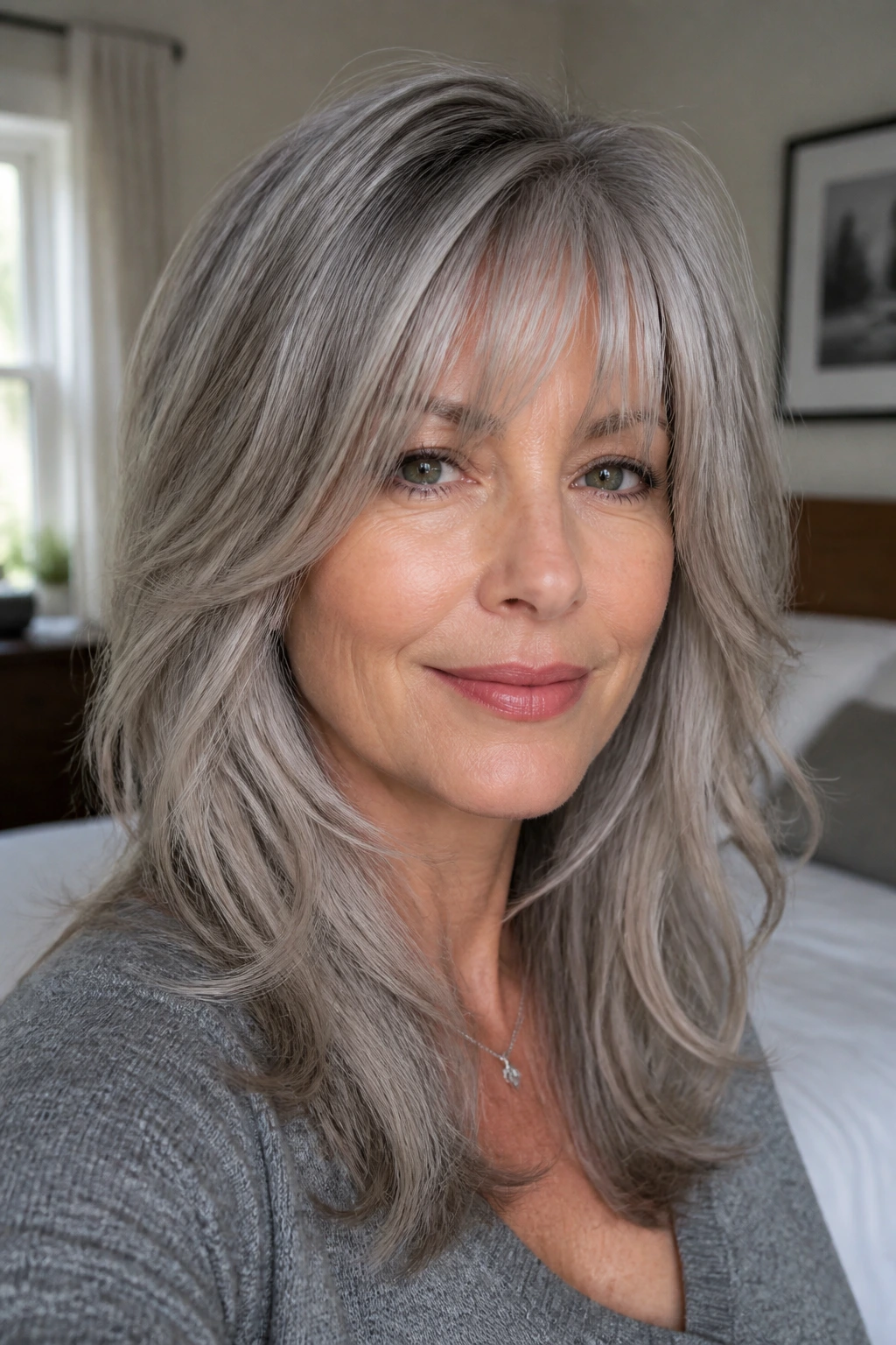 Close-up of a real woman with dimensional smoke-silver layered hair and wispy bangs.