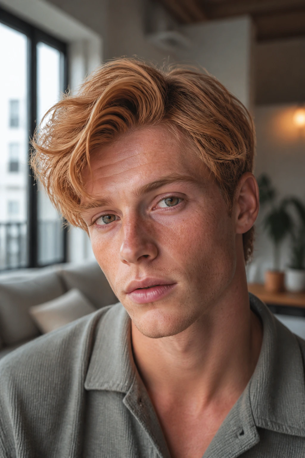 Portrait of person with dimensional strawberry blonde hair showing depth.