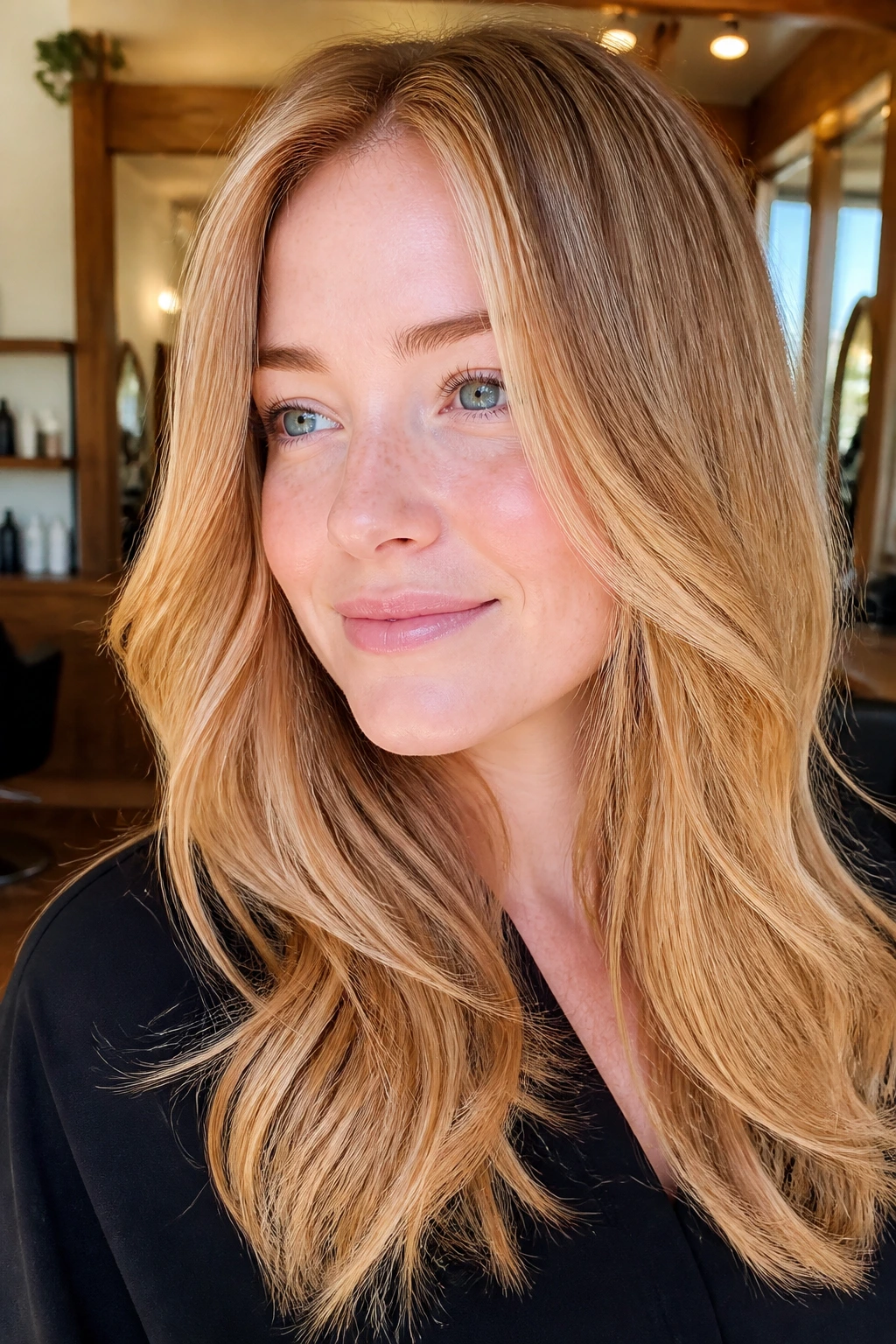 Close-up of a real woman with dimensional strawberry blonde and micro-babylights