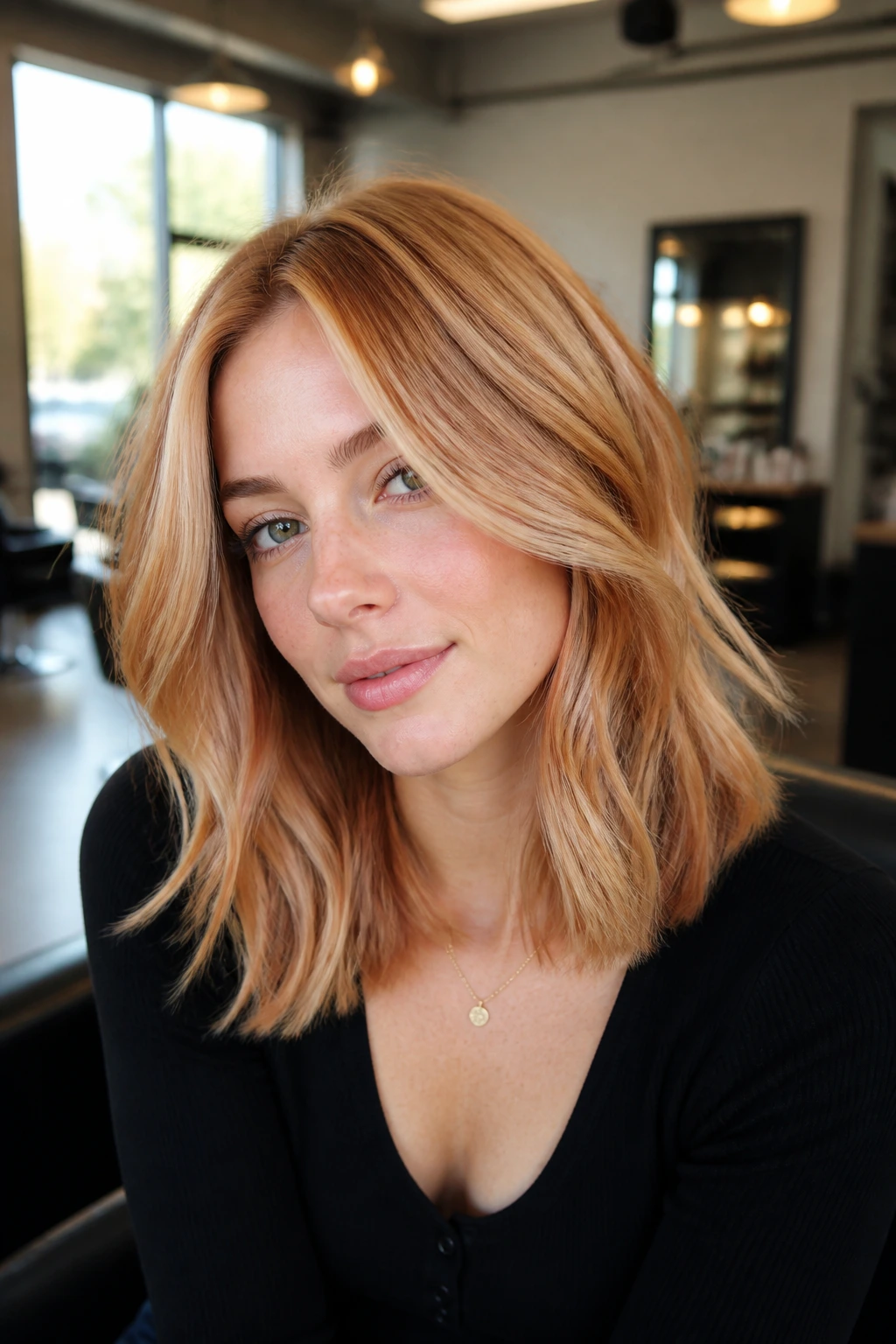Portrait of a real woman with dimensional strawberry bronde hair