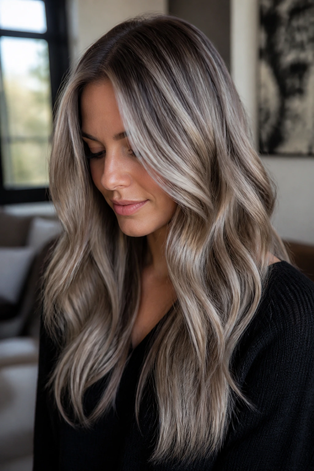 Close-up of dimensional taupe and ash balayage on a real woman