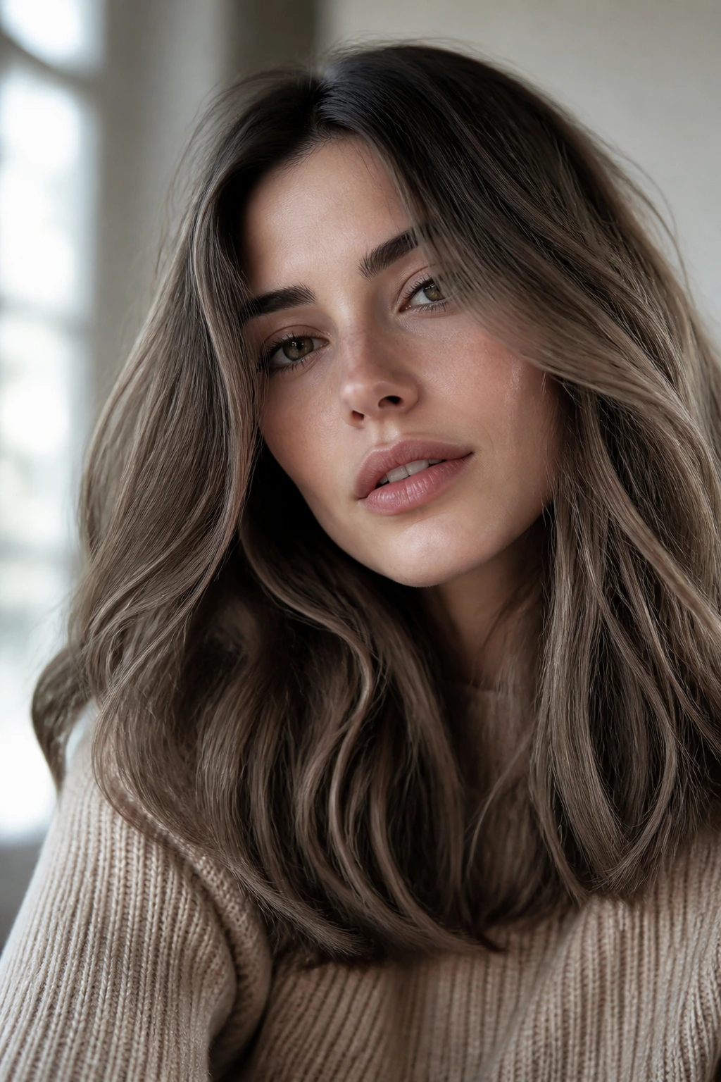Close-up of a real woman with dimensional taupe brunette tones