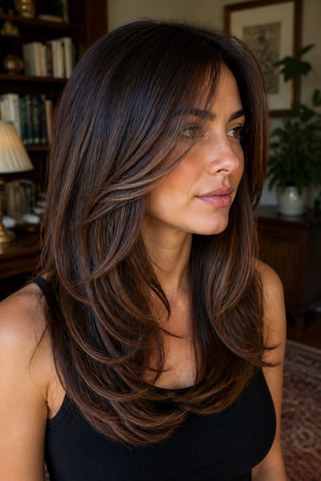 Close-up portrait of a real woman with dimensional V layers and chocolate ribbons.