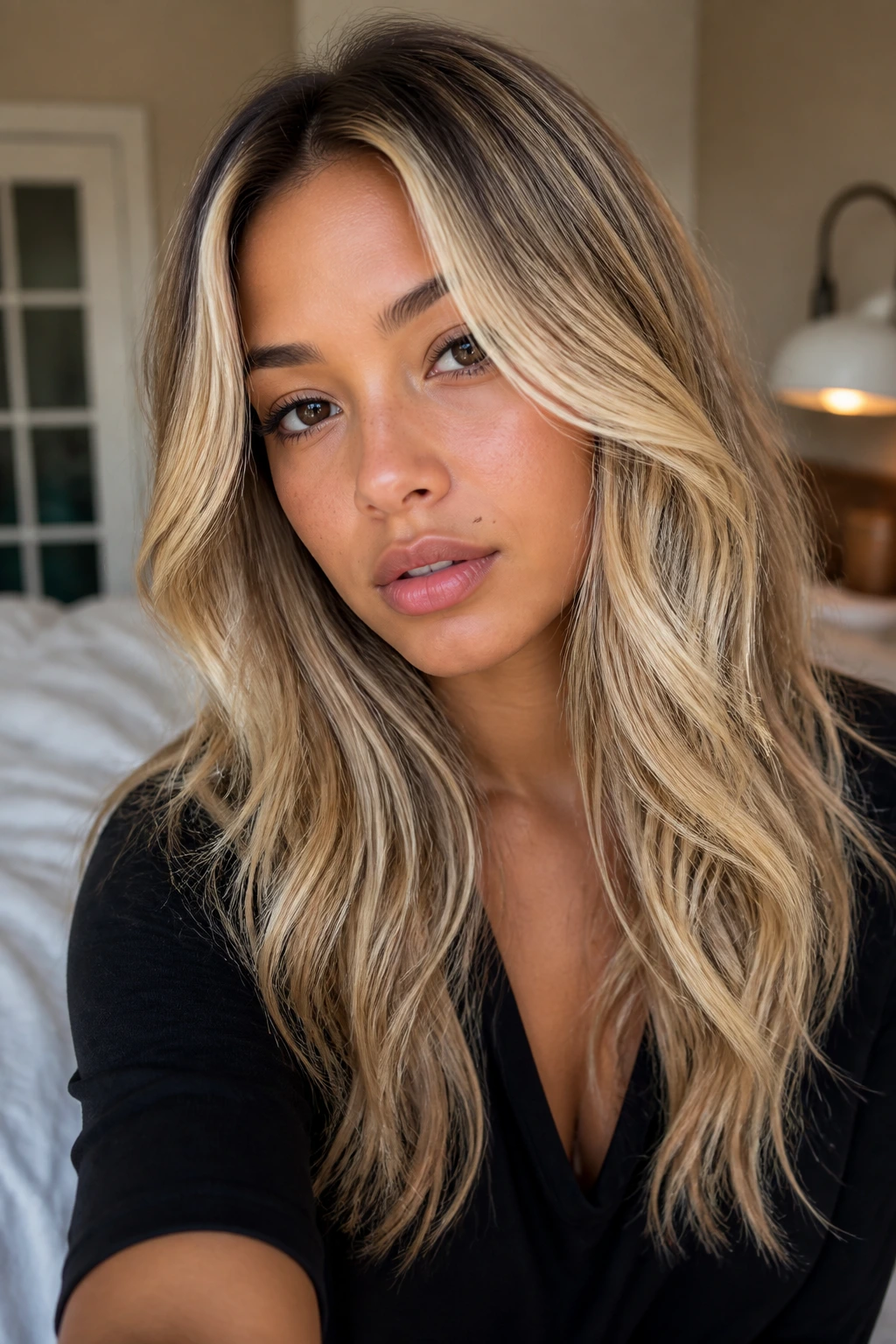 Close-up of a real woman with dimensional vanilla blonde hair in natural window light