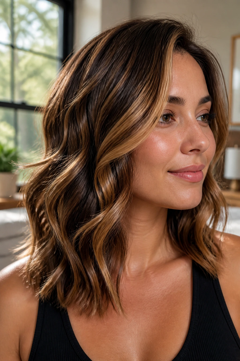 Close-up of a real woman with dimensional waves and caramel lowlights.