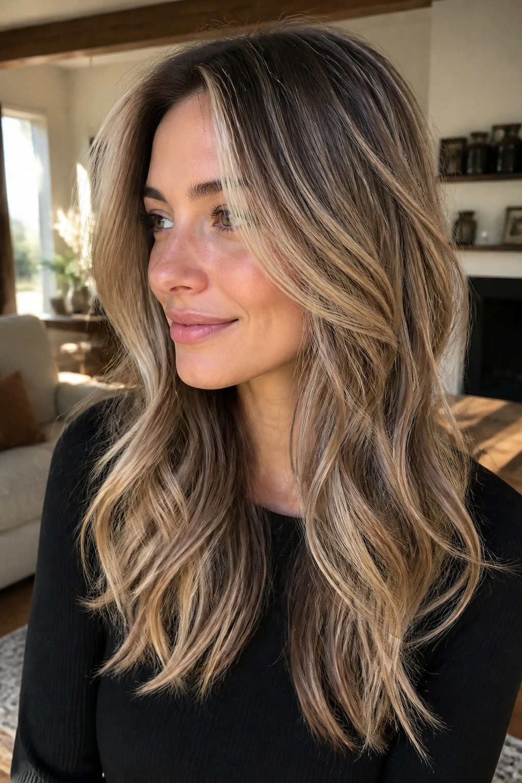 Close-up of brunette with dimensional wheat blonde highlights and walnut lowlights