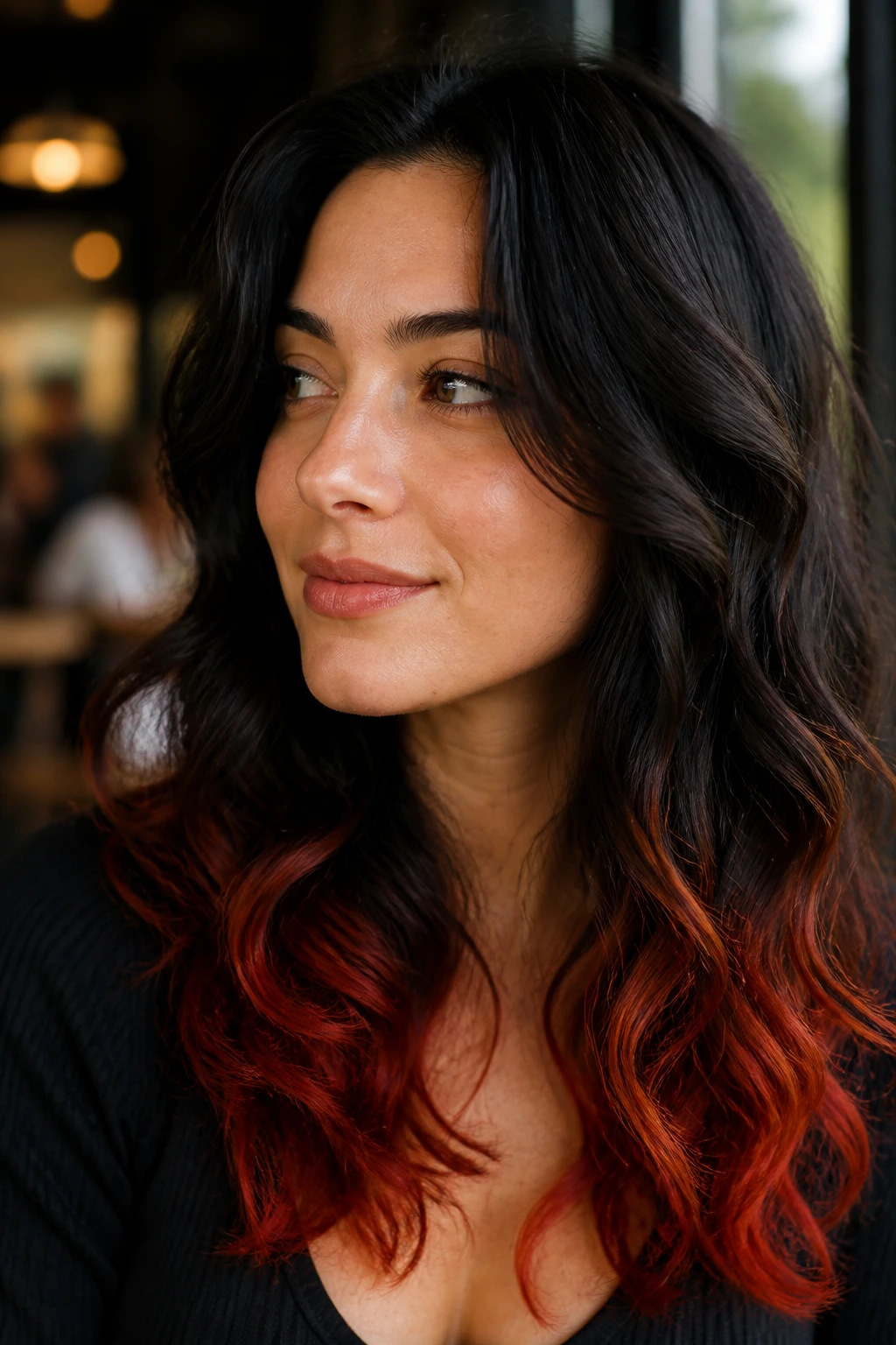 Close-up portrait of a real woman with scarlet-caramel dip ends on dark waves by a cafe window