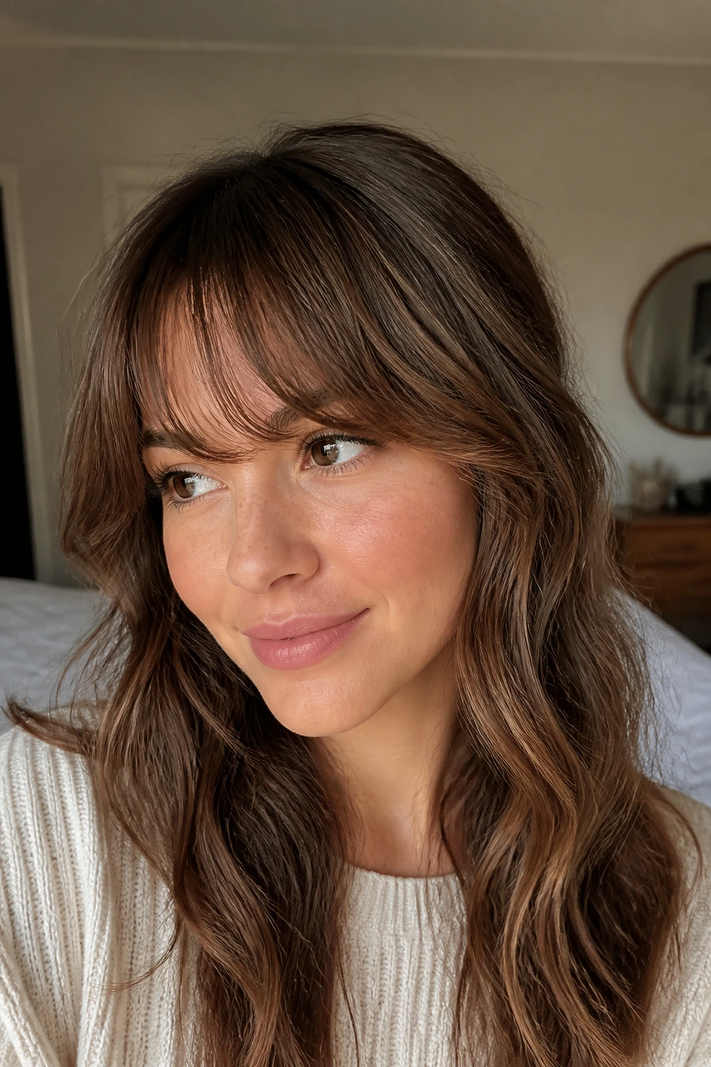 Close-up of a real woman's wavy bangs directed to one side