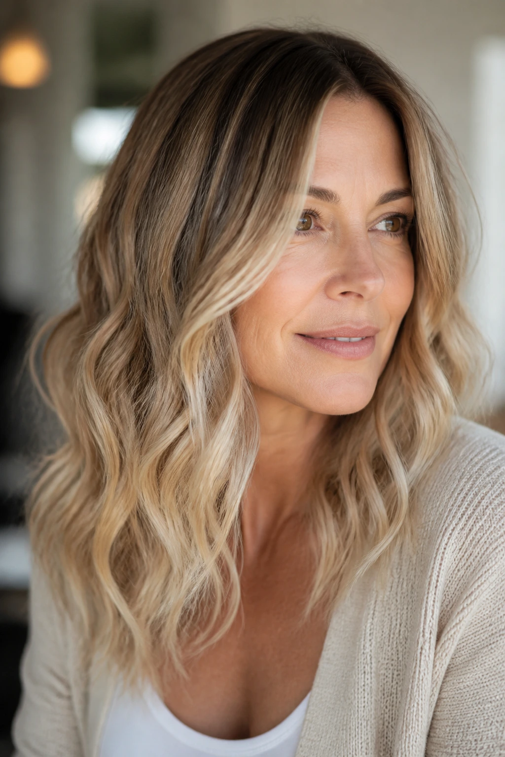 Close-up of hair with dirty blonde base and bright ends.