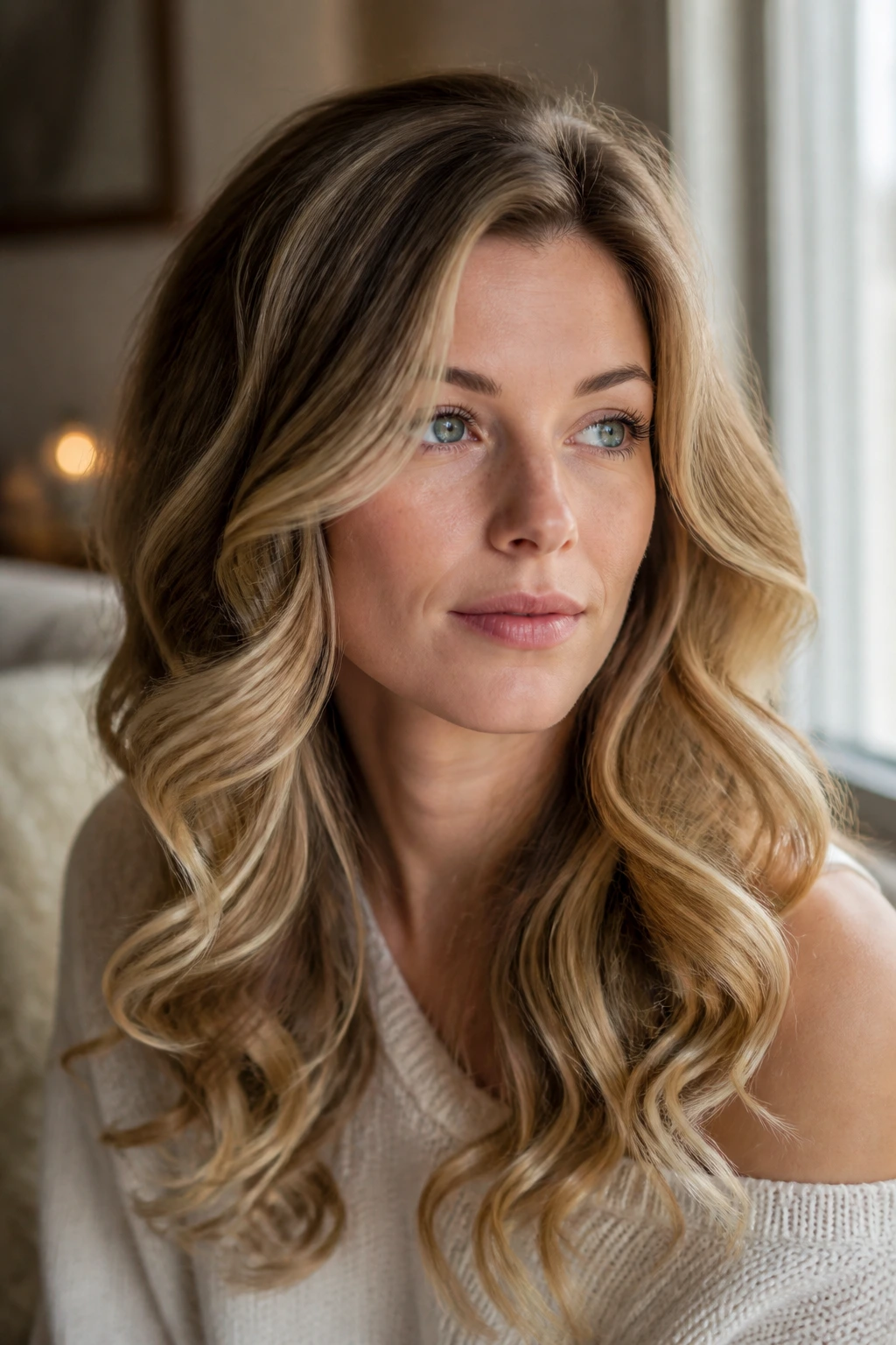 Close-up of dirty blonde soft curls with root shadow on pale skin