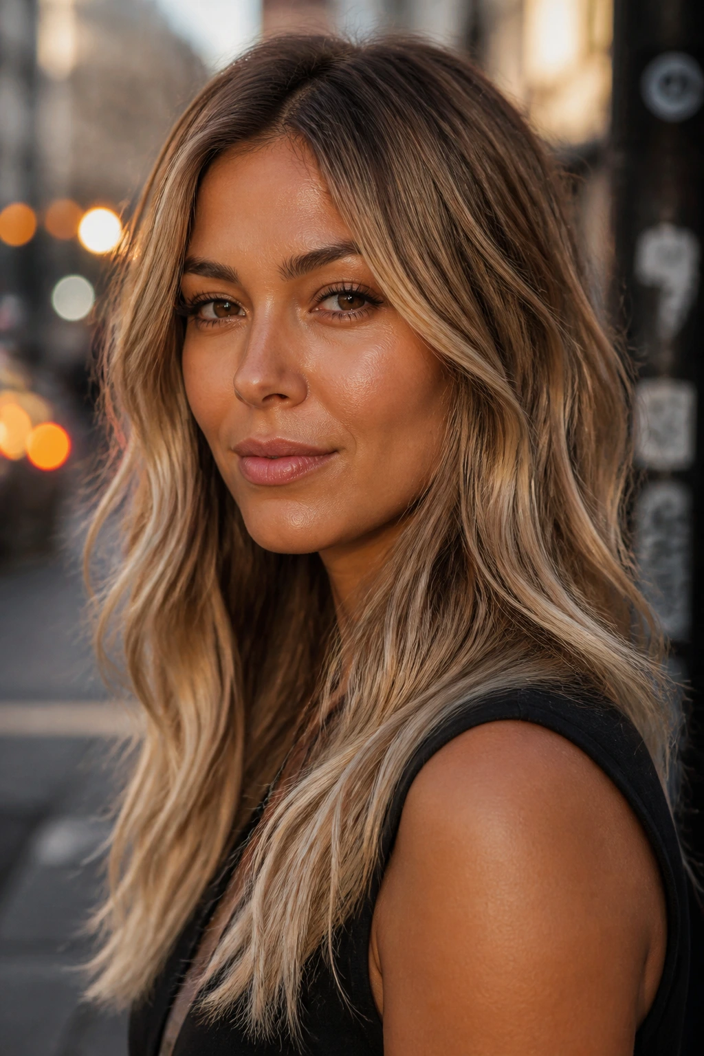 Dirty blonde lived-in hair with rooted beige mid-lengths on a real person